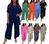KAMIAK Floaty Sleeve Trouser Set, 2-Piece Sleeved Trouser Suit for Women, Loose Fit Culotte Set 2 Piece Solid Color Suit (Color : Dark Blue, Size : 4XL)