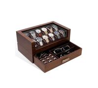 KAMIER High End Watch Box for Men, 12 Slot Wooden Watch Case With Drawer, Watch Display Box with Glass Lid, 2-Layer Watch Holder for Jewelry and Watch Storage for Men Women, (With Gift Box,Card)