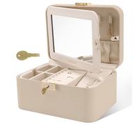 KAMIER Jewelry Box for Women, 2-Layer PU Leather Travel Jewelry Organizer, Large Capacity with Double Lock, Large Mirror, Hidden Necklace Hooks, Removable Dividers, Gift Box Packaging, Beige