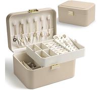 KAMIER Jewelry Organizer Box - 2 Layers with Removable Dividers, Luxury PU Leather & Soft Velvet Lining, Large Capacity for Earrings, Bracelets, Rings & Necklaces, Elegant Gift Box Packaging, Beige