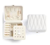 KAMIER Travel Jewelry Box Organizer, Diamond Quilted Leather Jewelry Case with Mirror, Small Portable Jewelry Box for Women, White
