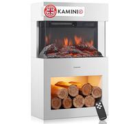 KAMINIO Electric Fireplace HENRI - Electric Stove with Heater, 3D Flame Effect, LED Mood Light, Wood Storage Compartment, Remote Control (White)