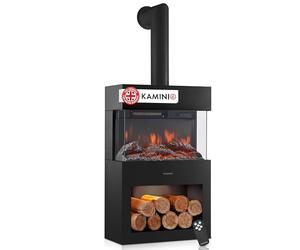 KAMINIO Electric Fireplace HENRI - Electric Stove with Heater, 3D Flame Effect, LED Mood Light, Wood Storage Compartment, Remote Control (Black with Pipe)