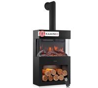 KAMINIO Electric Fireplace HENRI with Pipe - Electric Stove with Heater, 3D Flame Effect, LED Mood Light, Wood Storage Compartment, Remote Control (Black)