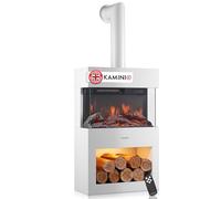 KAMINIO Electric Fireplace HENRI with Pipe - Electric Stove with Heater, 3D Flame Effect, LED Mood Light, Wood Storage Compartment, Remote Control (White)