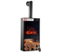 KAMINIO Electric Fireplace HUGO with Pipe - Electrical Stove with Heater, 3D Flame Effect, LED Mood Light, Wood Storage Compartment, Remote Control (Black)