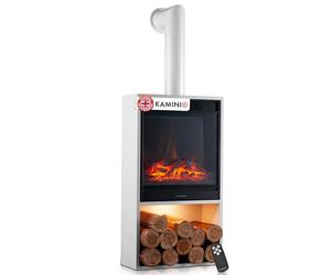 KAMINIO Electric Fireplace HUGO with Pipe - Electrical Stove with Heater, 3D Flame Effect, LED Mood Light, Wood Storage Compartment, Remote Control (White)
