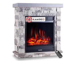 KAMINIO Electric Fireplace JUAN - Freestanding Fireplace in Stone look with Heater, 3D Flame Effect, Remote Control (Grey)