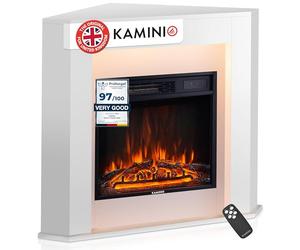 KAMINIO Electric Fireplace MATTI - Freestanding corner Fireplace with Heater, 3D Flame Effect, LED Mood Light, Remote Control - White