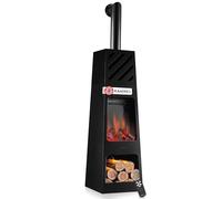 KAMINIO Electric Garden Fireplace KAI - Electrical freestanding patio Stove with Heater, 3D Flame Effect, LED Mood Light, Wood Storage Compartment, Remote Control - Black (X-Large with Pipe)