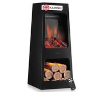 KAMINIO Electric Garden Fireplace KAI - Electrical freestanding patio Stove with Heater, 3D Flame Effect, LED Mood Light, Wood Storage Compartment, Remote Control - Black (Large)