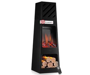 KAMINIO Electric Garden Fireplace KAI - Electrical freestanding patio Stove with Heater, 3D Flame Effect, LED Mood Light, Wood Storage Compartment, Remote Control - Black (X-Large)
