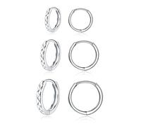 Kamise Silver Hoops Earrings Set, 3 Pairs 925 Sterling Silver Hoop Earrings, Small Sleeper Huggie Hinged, Hypoallergenic Unisex Set in 10, 12, 14mm