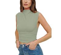 KAMISSY Cotton Sleeveless Mock Neck Crop Tops for Women Causal Ruched Summer Going Out Tank Tops Elegant Crop Vest, Green, M