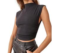 KAMISSY Cotton Sleeveless Mock Neck Crop Tops for Women Causal Ruched Summer Going Out Tank Tops Elegant Crop Vest, Dark Grey, M