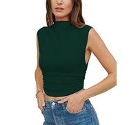 KAMISSY Cotton Sleeveless Mock Neck Crop Tops for Women Causal Ruched Summer Going Out Tank Tops Elegant Crop Vest, Dark Green, M