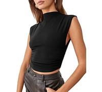 KAMISSY Cotton Sleeveless Mock Neck Crop Tops for Women Causal Ruched Summer Going Out Tank Tops Elegant Crop Vest, Black, S