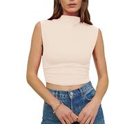 KAMISSY Cotton Sleeveless Mock Neck Crop Tops for Women Clothes Causal Ruched Summer Going Out Tank Tops Elegant Crop Vest, Apricot, M