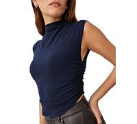 KAMISSY Cotton Sleeveless Mock Neck Crop Tops for Women Clothes Causal Ruched Summer Going Out Tank Tops Elegant Crop Vest, Blue, M