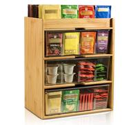 KAMJUNTAR Bamboo Tea Bag Organiser, 3 Tier Tea Holder, Vertical Tea Caddy, Wood Tea Box Tea Bag Storage for Cupboard Organizers, Tea Holder Organizer for Countertop Office Kitchen Cabinet Pantry