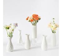 KAMJUNTAR White Ceramic Ribbed Vases Set of 6 Small Flower Bud Vases for Modern Boho Home Decor 17.8cm 7" Ceramic Bud Vase Minimalist Mini Vases for Table Centerpiece, Wedding, Office, Bedroom