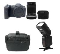 KamKorda Camera Bag + Flash + R8 Mirrorless Digital Camera Body + Adapter + RF-S 18-150mm f/3.5-6.3 IS STM Lens, 32.5MP APS-C CMOS Sensor, 4K60 10-Bit Video + 2 Year Warranty