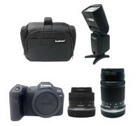 KamKorda Camera Bag + Flash + R8 Mirrorless Digital Camera Body + RF-S 18-45mm + RF-S 55-210mm STM lens, 32.5MP APS-C CMOS Sensor, 4K60 10-Bit Video + 2 Year Warranty