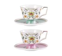 KAMMAK Ceramic Tea Cup and Saucer Set with Gold Trim, Floral Lotus & Scroll Pattern, 240ml Elegant Bone China Coffee Cup Set in Mint Green & Pink for Afternoon Tea, Gift for Women