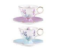 KAMMAK Ceramic Tea Cup and Saucer Set with Gold Trim, Purple & Blue Saucers, Iris Flower & Butterfly Pattern, 250ml Elegant Bone China Coffee Cup for Afternoon Tea, Gift for Women