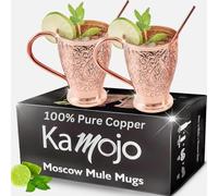 Kamojo Moscow Mule Copper Mugs Set of 2 with Unique Handcrafted Embossed Design with Anti-Tarnish Food-Grade Coating - Copper Cups Gift Set with 4 Straws & Recipe E-Book, 16 oz