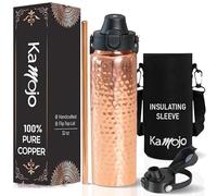 Kamojo Copper Water Bottle for Drinking - Hammered 100% Pure Copper Tumbler with Push Button Lid, Removable Insulating Sleeve & Straw - Handcrafted 32 fl oz Ayurvedic Cup for Water