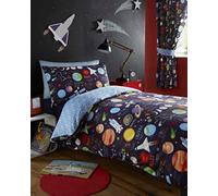 Kampala Hill Outer Space Kids Duvet Covet Set Solar System Reversible Easy Care Childrens Bedding Planets, Stars and Rockets Bed Linen with Pillowcases - Single