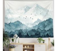 kampdream Mountain Forest Tapestry, Misty Foggy Teal Blue Tree Landscape Watercolor Art Wall Tapestries, Nature Scenery Tapestry for Bedroom Living Room Backdrop 44×60 inch