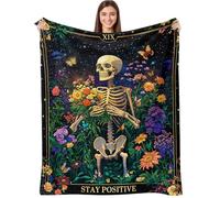 kampdream Stay Positive Flannel Blanket, Skeleton in Flower Field, Super Soft and Warm Couch Sofa Living Room Optimistic Decor Ideal Gift for Family Friends 50×60 inch