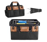Kamtop 14 inch Heavy Duty Tool Bag - Multi-Pockets Tool Bag with Adjustable Shoulder Strap, Wide Open Mouth Tools Storage Bag with Plastic Hard Base