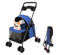 kamulouk 4 Wheels Dog Stroller, Outdoor Travel Pet Folding Stroller, Dog Pram with Cup Holder, Cats Dogs Pushchair, Breathable and Visible Mesh for Medium Small Dogs (blue)