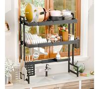 kamulouk Dish Drainer Rack - 2 Tier Telescopic Over The Sink Dish Drying Rack, Adjustable Length (64cm-100cm), Over The Counter Sink Dish Drainer with Cutter Holder, Chopstick Container Black