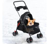 kamulouk Dog Pram with 4 Wheels, Dog Stroller for Outdoor Travel, Pet Stroller with Folding Function and Cup Holder, Cats Dogs Pushchair, Breathable and Visible Mesh for Medium Small Dogs Black