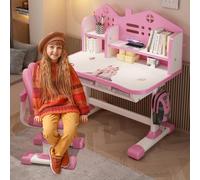 kamulouk Kids Desk and Chair Set, Height Adjustable Children Study Table and Chair with Cartoon Backboard, Widened Desktop, Bookstand and Storage Drawer - Ideal Learning Gift for Kids Pink E