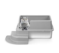 kamulouk Stainless Steel Cat Litter Tray, High Sided Cat Litter Tray, Large Detachable Cat Litter Tray Box, Non-Leaking Litter Tray with Cat Litter Scoop, Step, Side Entrance, 60 x 40 x 38cm 1 Set