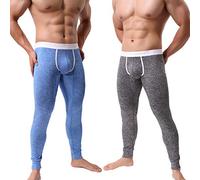 KAMUON Men’s Low Rise Pouch Underwear Pants Long Johns Thermal Bottoms Leggings - Black - US Small(Waist 28/30")