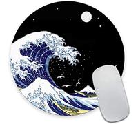 Kanagawa Surfing and Black Mouse Pad, Japanese The Great Wave Off Kanagawa Round Mouse Pad, Waterproof Circular Small Mouse Pads with Designs, Non-Slip Rubber MousePads for Office Home Laptop