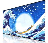 Kanagawa Surfing Gaming Mouse Pads Blue, Japanese Sea Wave Anime Mouse Pad, Extended Large Non-Slip Gaming Mousepad with Stitched Edges 31.5x15.7 Inch Keyboard Desk Mat for Work, Game, Office, Home