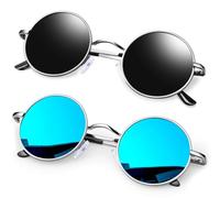 KANASTAL 2 Pack Polarised Round Sunglasses - Small Hippie Circle Vintage Womens & Mens Blue Mirrored Flat Lens - Silver Frame Black & Blue Lens