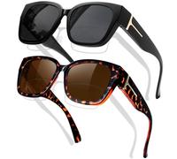 KANASTAL 2 Pack Tortoiseshell Over Sunglasses Womens Polarised Fitover Spectacles on Top of Glasses Mens Oversized Ladies Vintage Square UV400 - Black and Leopard Brown