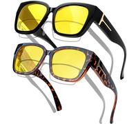 KANASTAL Night Driving Over Glasses 2 Pack Womens Tortoise Shell Anti Glare Driving Mens Headlight Yellow Tinted Oversized Fit Over Glasses Square UV400 - Leopard Yellow