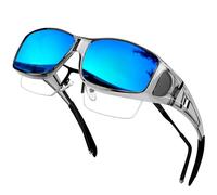KANASTAL Over Glasses Sunglasses Blue Tinted Mens Mirror FitOver Polarised Womens Retro Rectangular Ladies UV400 Protection Driving Summer- Grey Frame Blue Mirrored