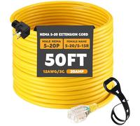 Kanayu - NEMA 5-20 50ft extension cord, 5-20P male plug to 5-20/5-15R female receptacle, 20 Amp T-blade outlet extension power cord with indicator light