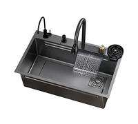 KANBUN Kitchen Sink Black Nano 304 Stainless Steel Waterfall Single Bowl Workstation With Multifunctional Top Loading Flying Rain pull-out faucet, Utility for a Laundry Room (Color :
