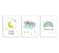 KAnduo Green Yellow Rainbow Canvas Painting Moon Star Cloud Wall Art Cartoon Sleeping Koala Posters Prints Decor for Nursery Baby Room No Frame